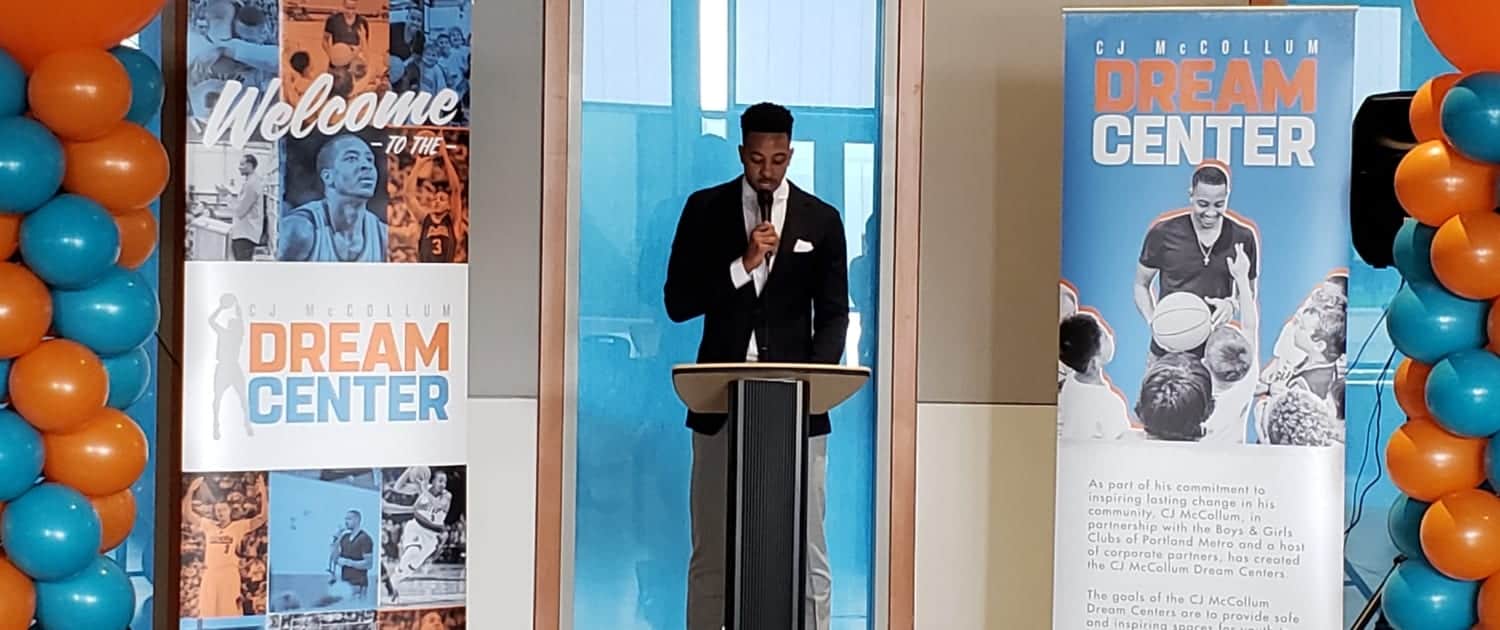 CJ McCollum speaks at Dream Center opening at the Rockwood Club