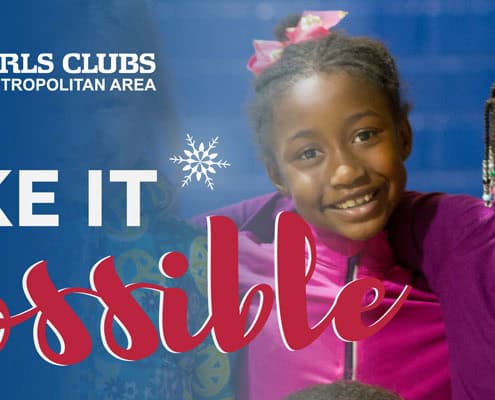 Two girls stand together on a blue background, with text that reads: "Make It Possible"